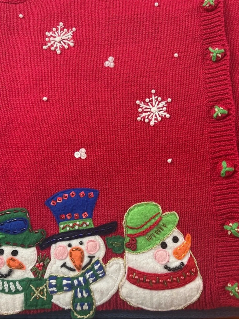 Vintage Tiara Red women’s holiday Sweater Vest with Snowman Appliqué